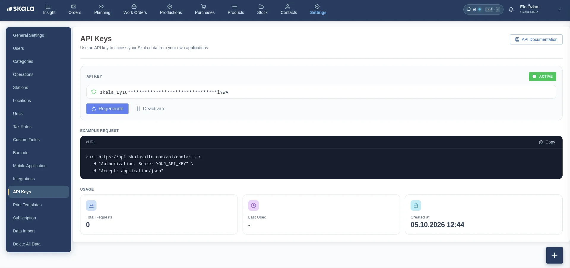 API Keys page with an active, masked key