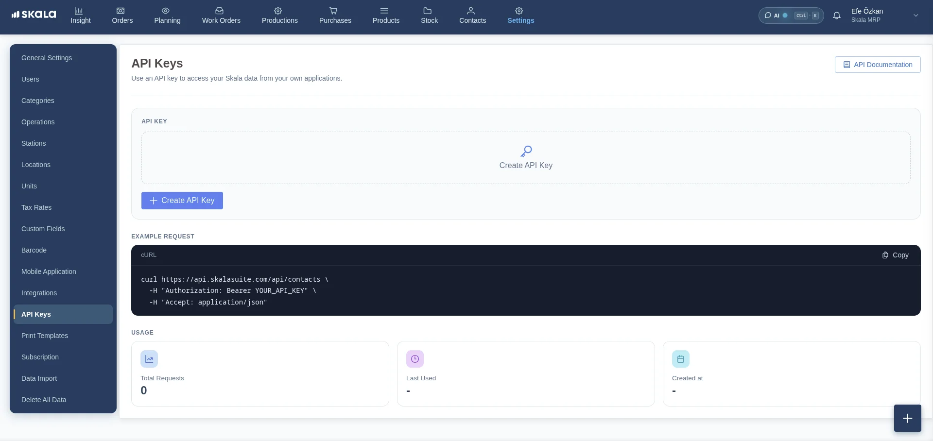 API Keys page before a key is created